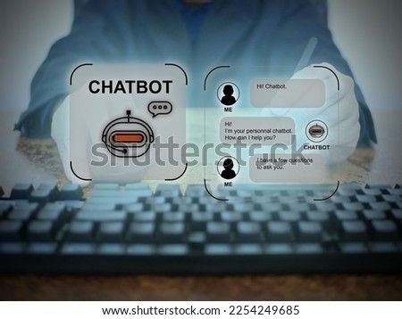 A man uses a digital chatbot computer program to conduct an online chat conversation and provide information on the internet network. AI artificial technology for chatterbot, conversational agents