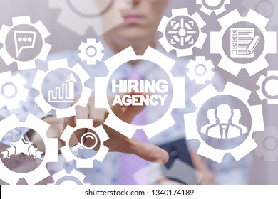 Man Uses On A Virtual Gears Screen Of The Future And Touches The Inscription: Hiring Agency. Online Recruitment Or Job Hiring Concept. Resume Process. Agency Interview.