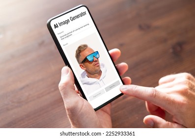 Man using AI (Artificial Intelligence) software on mobile phone to create realistic looking computer generated image - Shutterstock ID 2252933361