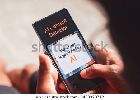 Man using AI generated image detector application to verify the image generated by human or artificial intelligence algorithms. Selective focus.