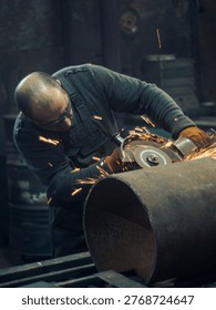 Man using angle grinder to cut steel pipe with sparks in workshop, close up of industrial metalworking process with safety gear and power equipment.