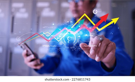 A man is using artificial intelligence AI to analyze trend values and display hologram interface on mobile phone screen, concept of work using AI to analyze data.