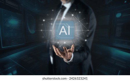 Man using Artificial Intelligence. Enter prompt for generate with AI. Futuristic technology concept.