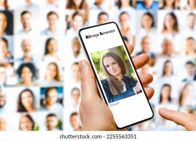 Man using Artificial Intelligence software on the mobile phone to create realistic generated girls portrait image.Blurred portrait collage background.