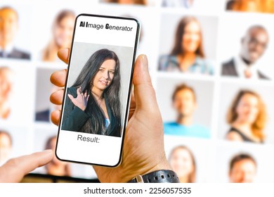 Man using Artificial Intelligence software on the mobile phone to create realistic generated womans portrait image.Blurred portrait collage background.