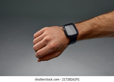 Man Using Black Smart Watch, Checking Heart Rate After Workout, Copy Space