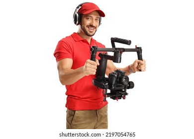 Man using a camera gimbal stabilizer isolated on white background - Shutterstock ID 2197054765