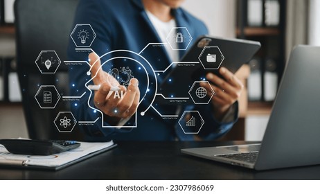 Man using chat bot in smartphone intelligence Ai. Chat with AI Artificial Intelligence, developed by OpenAI generate. robot in online system. in office