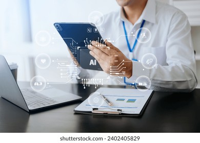 Man using chat bot in smartphone intelligence Ai. Chat with AI Artificial Intelligence, developed by OpenAI generate. robot in online system. in modern office