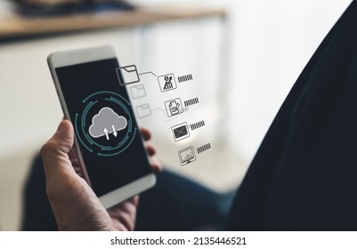 Man using cloud technology system with business information networking. Online digital data storage and connection service for download or upload via cyberspace or security server and software