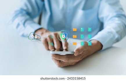 Man using cloud technology system with network security information protection system. Transfer sharing information of business marketing or financial document, download upload backup cloud drive