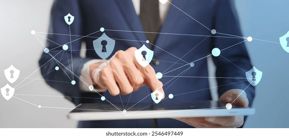 A man using computer with AI chatbot futuristic computer cybersecurity code shield protect computer engineer programmer typing code cyber crime hacking, internet digital technology concept.
