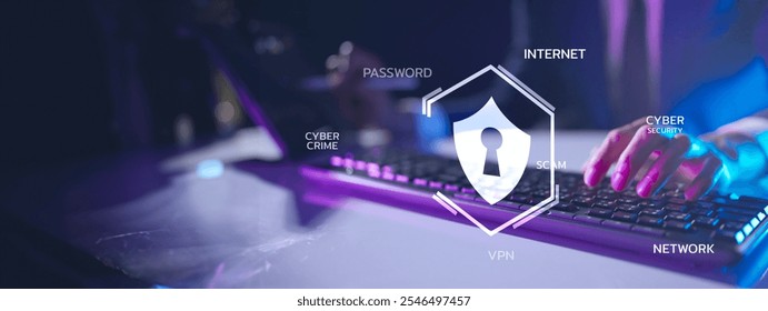 A man using computer with AI chatbot futuristic computer cybersecurity code shield protect computer engineer programmer typing code cyber crime hacking, internet digital technology concept.