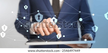 A man using computer with AI chatbot futuristic computer cybersecurity code shield protect computer engineer programmer typing code cyber crime hacking, internet digital technology concept.