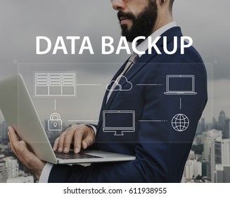 Man using computer cloud network graphic overlay