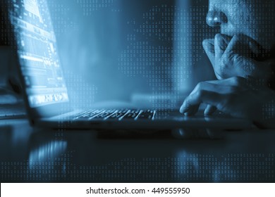 Man Using Computer Laptop In A Digital Environment Alone In The Dark.