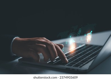 Man using computer laptop for online banking, Online shopping, currency exchange and internet payment, Finance and banking on networking, central bank, Cyber security, Digital business marketing.