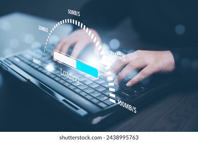 The man is using a computer under the concept of technology, downloading, uploading, and database management.digital communication technology for online ,Cloud Computing Concept