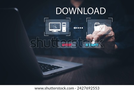 The man is using a computer under the concept of technology, downloading, uploading, and database management.digital communication technology for online ,Cloud Computing Concept