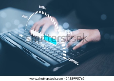The man is using a computer under the concept of technology, downloading, uploading, and database management.digital communication technology for online ,Cloud Computing Concept