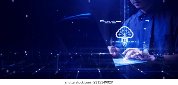 Man using computer to upload data to secure and privacy protected storage on cloud technology or edge computing. Artificial intelligence innovation helps system development on a blue background.