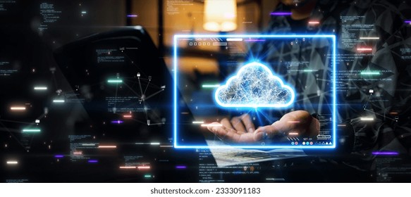 Man using computer to upload data to secure and privacy protected storage on cloud technology or edge computing. Artificial intelligence innovation helps system development on a dark background.