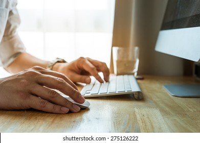 Man Using Desktop Pc Computer, Mobile Office Concept