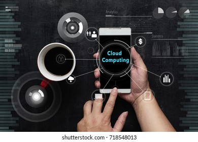 Man using digital device with "Cloud Computing" word on digital virtual screen . Hi-tech business concept . - Shutterstock ID 718548013