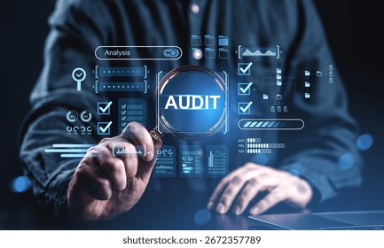 Man using digital interface showing audit analysis icons, futuristic holographic style on dark background, concept of financial inspection
