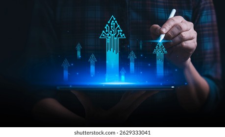 Man using digital pen to draw holographic circuit arrows rising from tablet screen, symbolizing future technology growth, innovation, virtual progress, and digital transformation in tech industry
