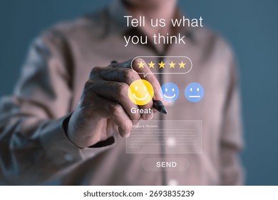 Man using digital pen to select a five-star rating and a smiling face on a virtual feedback interface for user experience, customer satisfaction, and online review process
