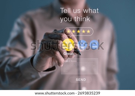 Man using digital pen to select a five-star rating and a smiling face on a virtual feedback interface for user experience, customer satisfaction, and online review process