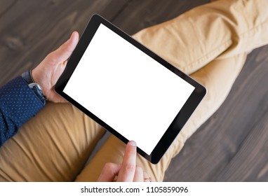 Man Using Digital Tablet. Tablet Horizontal Screen Mockup.