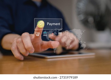 Man using digital tablet to make secure online payment with virtual global network and shopping icons. Concept of digital finance, e-commerce transaction fintech technology.