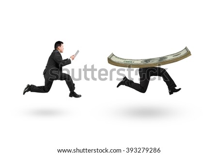 Man using digital tablet and running after money with human legs, isolated on white background.