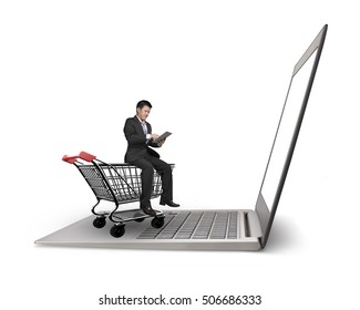 Man using digital tablet and sitting on the shopping cart with laptop, isolated on white background.