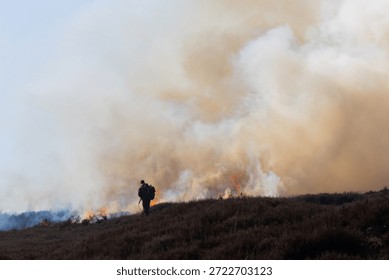 Man using a Drip Torch for controlled burning of Heather on moorland in County Durham, England, UK.
