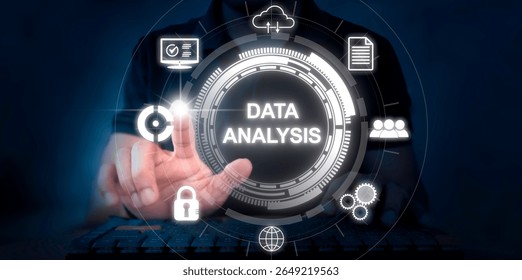 Man using finger to touch virtual screen about data analytics, database analysis network concept