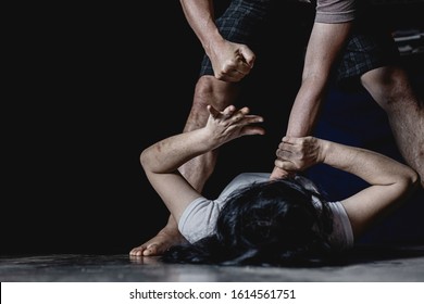 man are using force to coerce women. a man's hand is strangling a girl neck. stop domestic violence against women campaign.