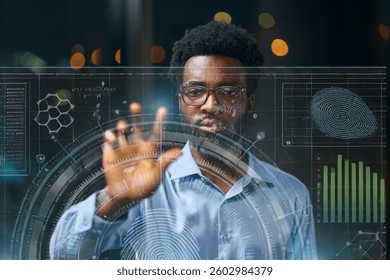 Man Using Futuristic Digital Interface For Data Visualization And Biometric Analysis Access