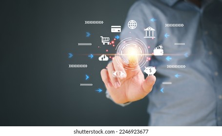 Man using futuristic digital processing smartphone of biometric identification fingerprint scanner to access personal financial data Digital Security Surveillance Scanning Cyber ​​Security Application