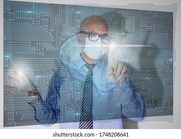 Man using a futuristic interface to perform complex work for medicine