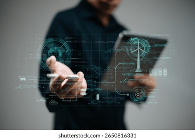 man using futuristic interface with smart tech and mobile to manage ESG, clean energy, and sustainability data. in office	