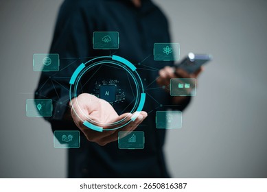 man using futuristic interface with smart tech and mobile to manage ESG, clean energy, and sustainability data. in office	