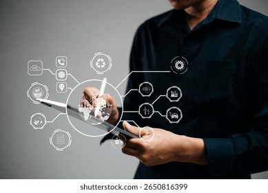 man using futuristic interface with smart tech and mobile to manage ESG, clean energy, and sustainability data. in office