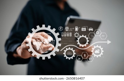 man using futuristic interface with smart tech and mobile to manage ESG, clean energy, and sustainability data. in office	 - Powered by Shutterstock - Get 15% off with code: PIKWIZARD15