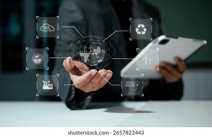 Man using futuristic interface with smart tech and mobile to manage ESG, clean energy, and sustainability data. in office