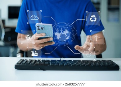 Man using futuristic interface with smart tech and mobile to manage ESG, clean energy, and sustainability data.