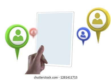 Man using glass digital tablet against green application symbol - Powered by Shutterstock