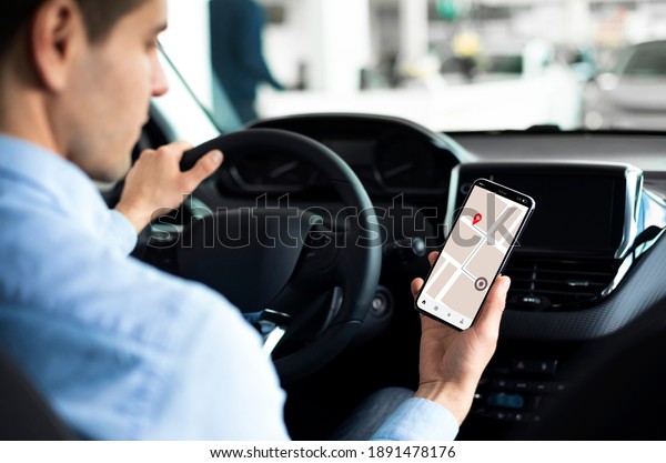 Man Using Gps App On Smartphone While Driving\
Car, Enjoying Modern Technologies For Navigation And Location\
Tracking, Male Driver Checking Routes To Destination Point,\
Creative Collage